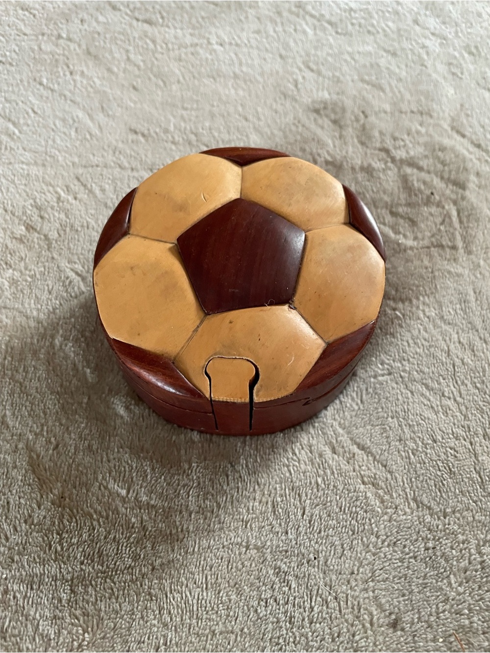 Round Soccer Wooden Puzzle Box in Brown and Beige